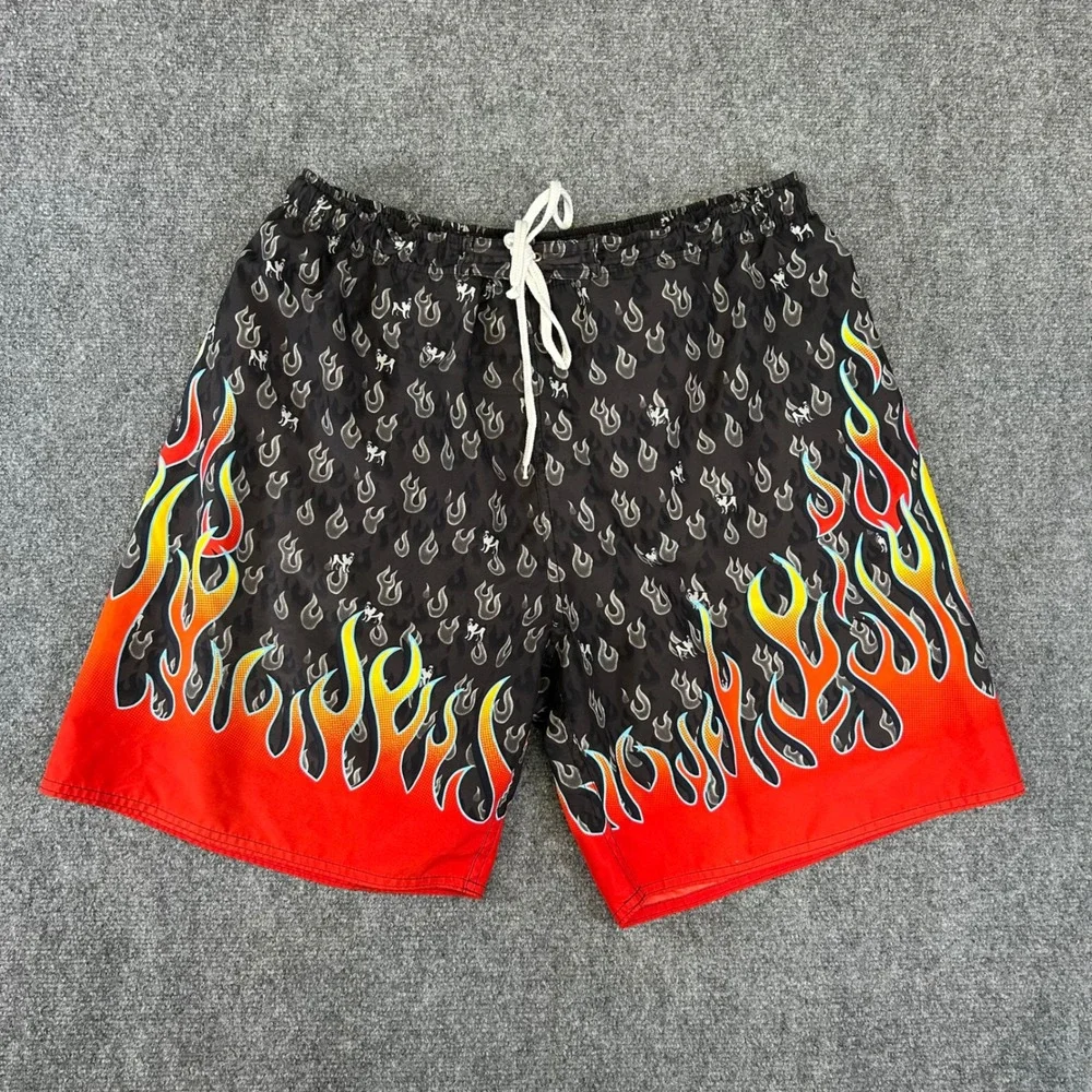 Big Dogs Mens Flame Print Swim Trunks XL Grey Red Fire Logo Board Shorts Y2K